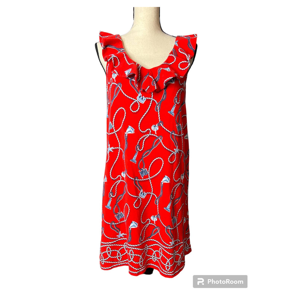 Crown & Ivy Mini Dress in Red w/Print of Rope Chains and Misc Objects Size Small